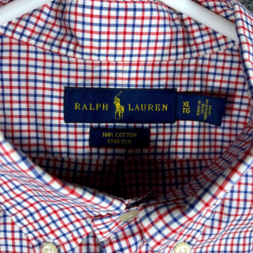 Ralph Lauren Button Down Mens XL Red White Blue Check Cotton Stretch Long Sleeve - Picture 5 of 8